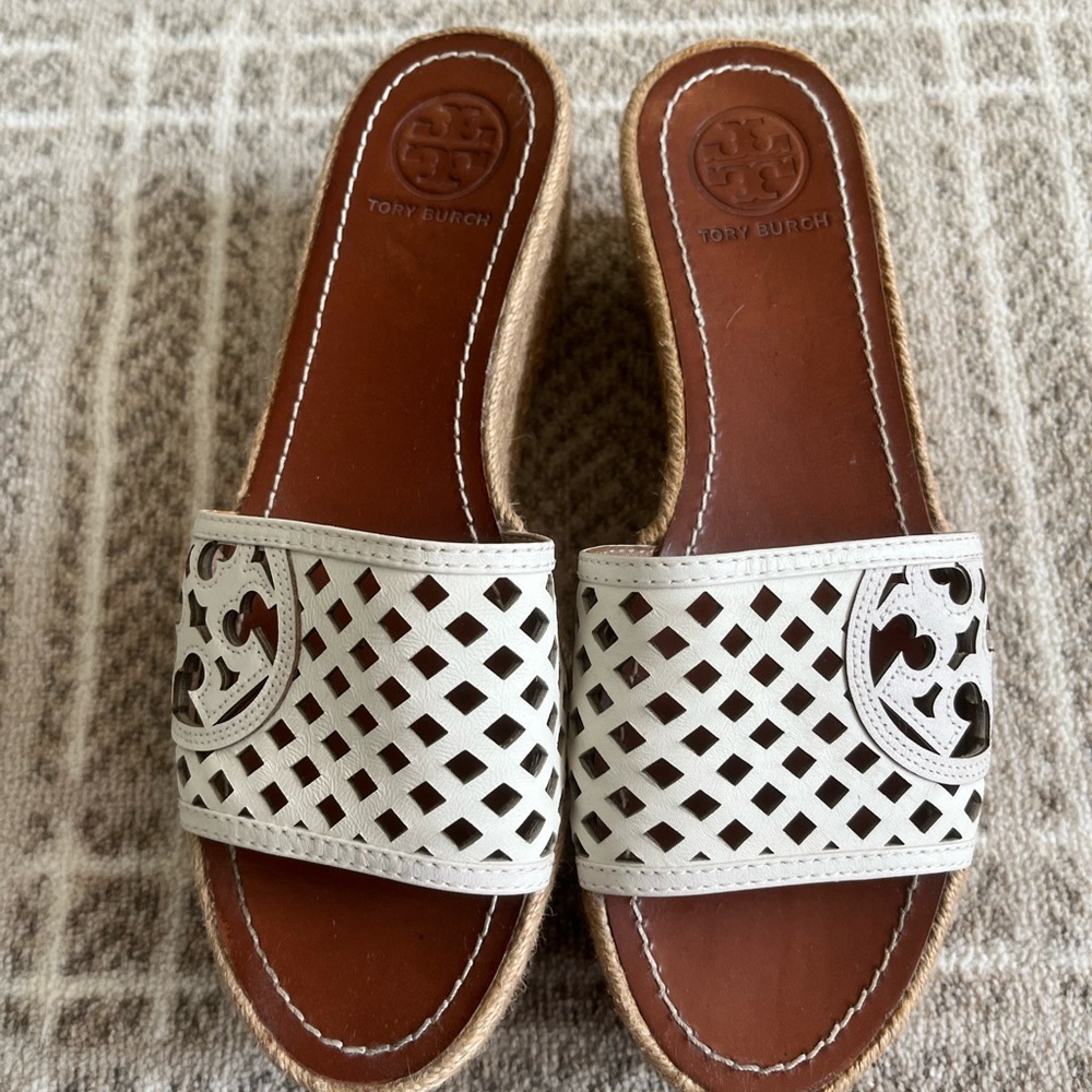 Tory Burch White and Brown Sandals with Perforated Design